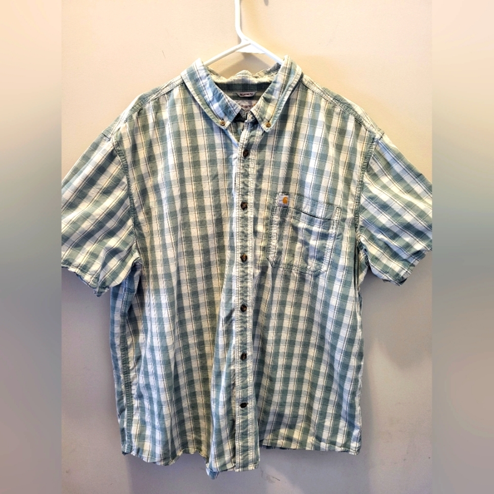 Carhartt Men's 2XL Relaxed Fit Green White Plaid 100% Cotton Buttondown Shirt